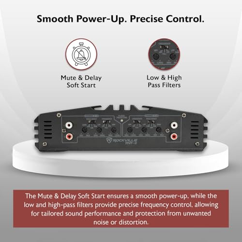 Rockville RVF-2 4-Channel Car Amplifier, 1200W Peak/300W RMS, Class-AB, MOSFET, Adjustable Crossover, Bass EQ, Perfect for Subwoofers and Car Audio | MOSFET Power Supply, Adjustable Crossover, 12dB Bass EQ, IC Protection, Soft Start, 2 Ohm Stable, LP/HP F