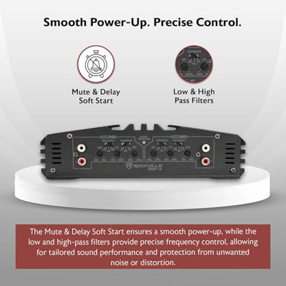 Rockville RVF-2 4-Channel Car Amplifier, 1200W Peak/300W RMS, Class-AB, MOSFET, Adjustable Crossover, Bass EQ, Perfect for Subwoofers and Car Audio | MOSFET Power Supply, Adjustable Crossover, 12dB Bass EQ, IC Protection, Soft Start, 2 Ohm Stable, LP/HP F