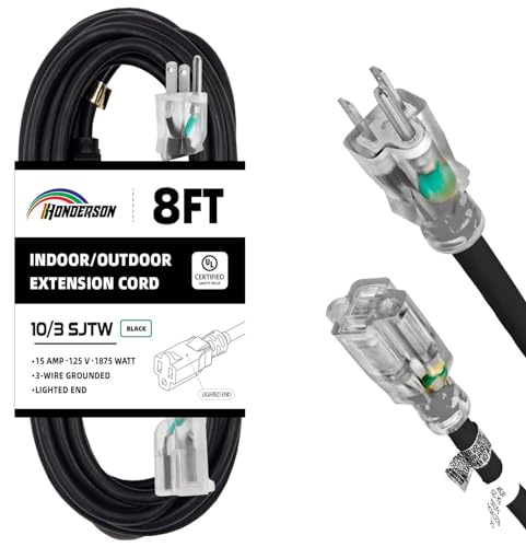 8 Ft Black Outdoor Extension Cord with Lighted End Weatherproof 10 Gauge | UL Certified 10/3 SJTW Cable, 15A Rated, Suitable for Heavy Duty Tools, Garden and Outdoor Use - size: 8FT, style: 10/3