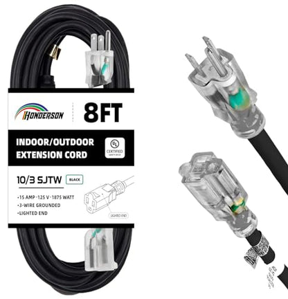 8 Ft Black Outdoor Extension Cord with Lighted End Weatherproof 10 Gauge | UL Certified 10/3 SJTW Cable, 15A Rated, Suitable for Heavy Duty Tools, Garden and Outdoor Use - size: 8FT, style: 10/3