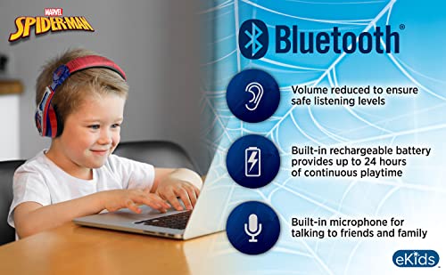 eKids Spiderman Wireless Bluetooth Portable Headphones with Microphone, Volume Reduced to Protect Hearing Rechargeable Battery, Adjustable Kids Headband for School Home or Travel | Volume Reduced and Built-in Microphone - color: Spiderman