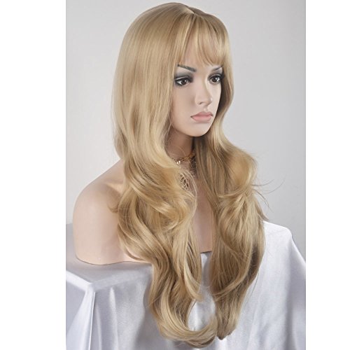 BERON 26 Inches Blonde Wig Long Wavy Wig Ash Blonde Wigs with Bangs for Women Gold Blonde Synthetic Wigs with Hairnet - color: Dust Blonde, size: Long