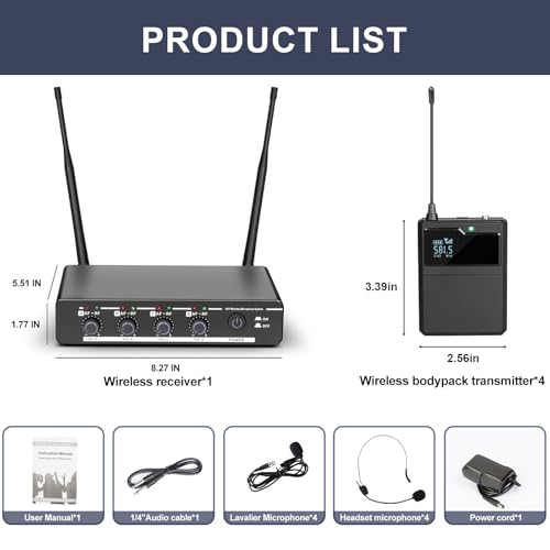 Depusheng R6 Professional Wireless Microphone UHF System 4 Channel with Wireless lavalier Headset Microphone, Metal Receiver, Perfect for Singing, Karaoke, Parties, Weddings - style: 4 bodypack mic