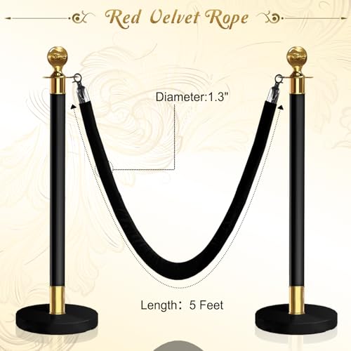 4PCS Black Velvet Stanchion Rope 5 Ft Crowd Control Ropes Barrier with Silver Hooks for Party - color: Black&Silver, size: 4PCS