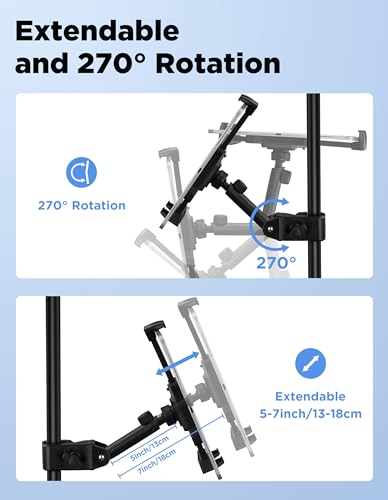 Tablet Holder for Microphone Stand with Power Bank Clip, iPad Music Stand | 360° Adjustable Spring-Loaded Clip Clip-on Phone Mount for Sheet Music Stand, Fits Devices Screen Size from 4.7 to 13.5” - size: XL