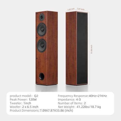 Elimavi Floor Standing Tower Speakers Pair, Dual 6.5" Woofers, 120W, Brown | 1" silk dome tweeter, passive hi-fi design, home theater ready, MDF wood cabinet, rich warm sound, for stereo & movies - color: Brown