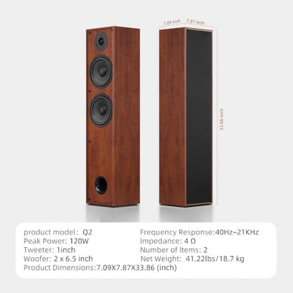 Elimavi Floor Standing Tower Speakers Pair, Dual 6.5" Woofers, 120W, Brown | 1" silk dome tweeter, passive hi-fi design, home theater ready, MDF wood cabinet, rich warm sound, for stereo & movies - color: Brown