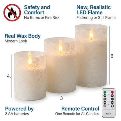 VENTA Frosted Glass LED Candles, Set of 3 | Warm Amber Flickering Pillar Candles with Remote | Creates Cozy, Relaxing Hygge Ambiance for Bedroom & Living Room - color: Foggy