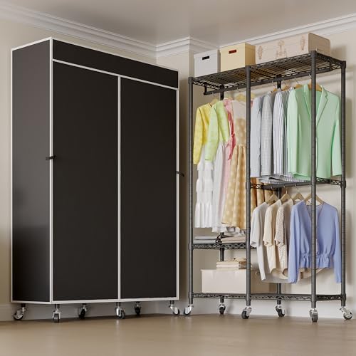 Higeego H9 Garment Rack with Cover, Heavy Duty Clothing Rack for Hanging Clothes, Portable Closet with wheels, Wardrobe Closet with Adjustable Shelves, Black Rack Shelf with Black Fabric Cover - style: with Black Cover