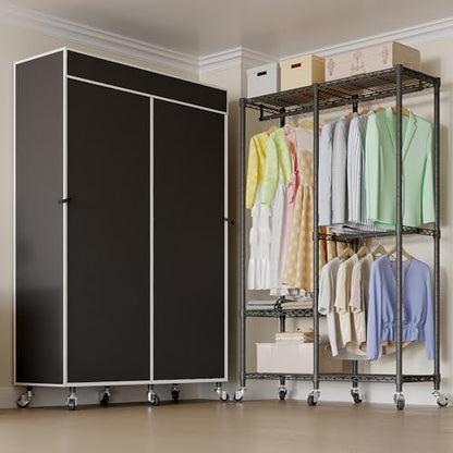 Higeego H9 Garment Rack with Cover, Heavy Duty Clothing Rack for Hanging Clothes, Portable Closet with wheels, Wardrobe Closet with Adjustable Shelves, Black Rack Shelf with Black Fabric Cover - style: with Black Cover