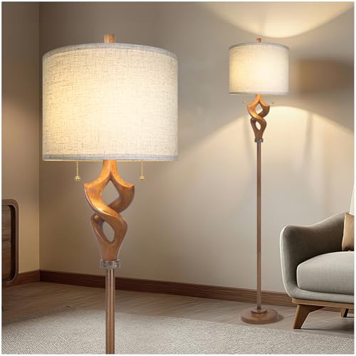 Scenekoy Pull Chains Sculptural 65.5” Floor Lamp for Living Room Bedroom | Bronze Wood Finish & Resin Body, Brightness Adjustable Corner Standing Lamp with Bulb Prefer for Home Office Bar - color: Wood Finish