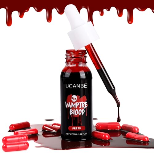 UCANBE Halloween Dripping Fake Blood Kit, 30ml Fresh Dripping Fake Blood + 10 Capsules, Realistic Washable SFX Special Effects Makeup for Zombie Vampire Monster Clown Cosplay Costume