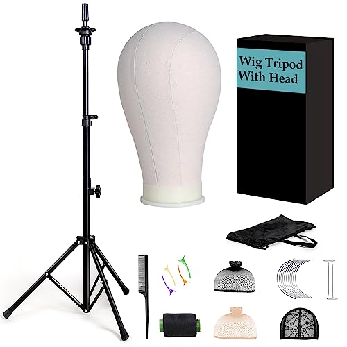Tall Wig Tripod Stand with 23 Inch Head for Styling,Making | Wig Stand with Canvas Mannequin Head for WIg Display,with Wig Caps,T-PIN,C Needles,Clips,Carrying Bag,Comb(37.4-50.8 Inch) - color: Carbon Black