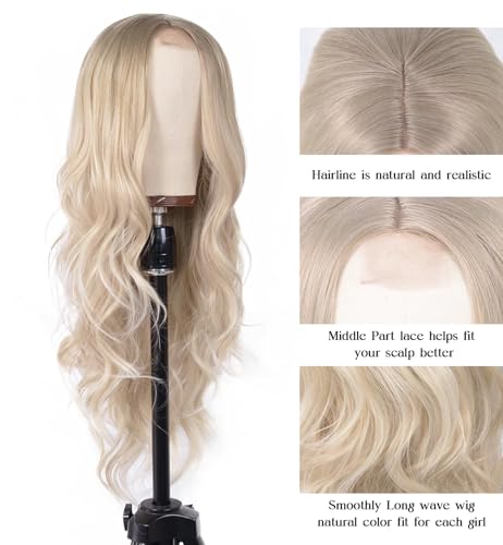 Aida ble Long Wavy Ombre Ash Blonde Wig for Women 26inch Middle Part Wig | Natural Looking Synthetic Wig,Suitable for Daily Wear,Party,Halloween and Cosplay,Beginner-friendly,Lightweight and soft - color: Ash Blonde