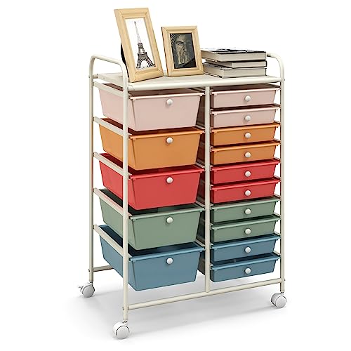 HAPPYGRILL 15-Drawer Rolling Cart, Storage Carts with Removable Drawers & Steel Frame, Utility Cart on Lockable Wheels for Home, School, Office, Macaroon - color: Macaroon Colorful, size: 15 Drawer