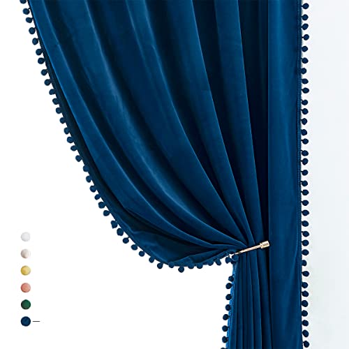 Treatmentex Pom-Pom Blue Velvet Curtains for Living Room 63" Luxury Room Darkening Cotton Feel Soft Classic Navy Royal Blue Window Curtain Panels 2PC - color: Pom Pom- Navy(royal Blue), size: 42"W x 63"L (Pack of 2)