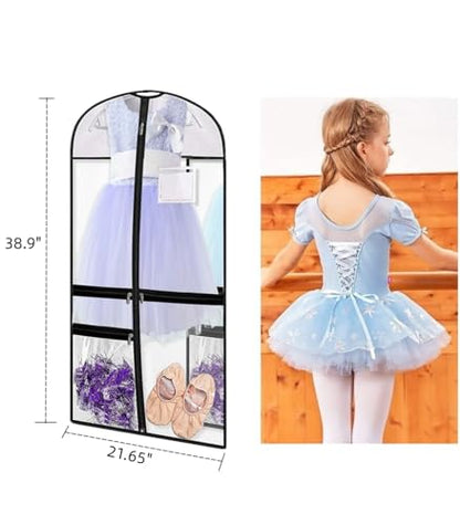 3 Pack Clear PVC Dance Costume Bags, 39 Inch Garment Bag for Dance Competitions, Kids Hanging Clothes Cover for Closet Storage with Accessories Pockets - size: 3 Pack