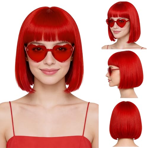 Short Bob Straight Hair Wigs with Bangs, Heat Resistant Fiber Hair, Heart-shaped Glasses for Women (Red) - color: Red