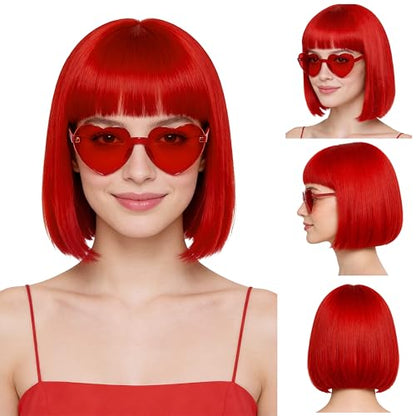 Short Bob Straight Hair Wigs with Bangs, Heat Resistant Fiber Hair, Heart-shaped Glasses for Women (Red) - color: Red