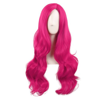 MapofBeauty 28 Inch Long Wavy Curly Side Bangs Party Hair Wig, Hot Pink | Synthetic fiber, 70 cm Cosplay Wig, Fashion - color: Hot Pink