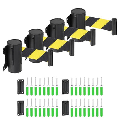 MECCANIXITY Fixed Wall Mount Retractable Belt Barrier, 9.84 ft Fixed Crowd Control Retractable Belts for Queue Black Yellow Diagonal Stripe Belt with Black ABS Case Pack of 4 - color: Black Yellow Stripe, size: 9.84 ft