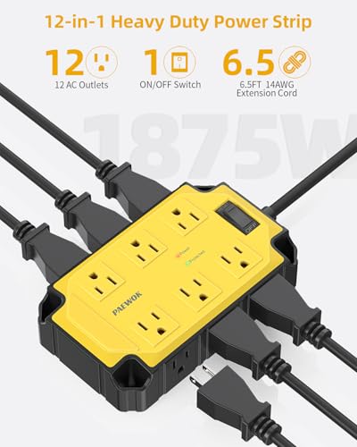 12AC Magnetic Heavy Duty Power Strip, 6.5 FT Extension Cord Surge Protector | PAEWOK 15 Amps/1200 Joules, Power Strip for Industrial Shop Garage, Yellow - style: 12AC