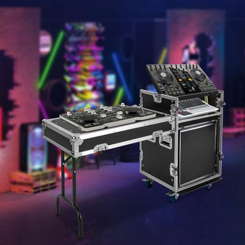 12U PA DJ Pro Audio Rack Road Case w/Slant Mixer Top, Heavy Duty Mobile Studio Equipment Cabinet, Network and Stereo Rack DJ Mixer Rack for Mixers & Live Sound - size: 12U / Side Tables