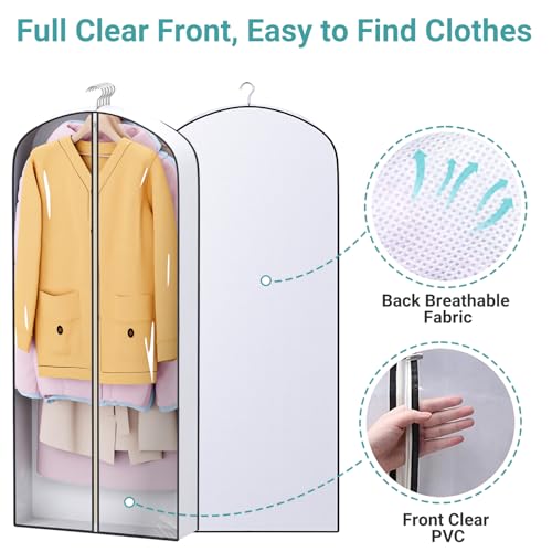 SLEEPING LAMB 60" Long Hanging Garment Bags for Closet Storage Gusseted Clear Dress Bag for Clothes, Gowns, Coats, Suits, 5 Packs - size: 60"