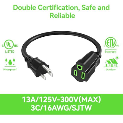 Power Extension Cord 4FT/48Inch, 3 Prong Grounded Electric Extension Cable Outlet Saver, Single Outlet, Heavy Duty, Waterproof, Flexible, 16AWG, SJTW, 13A 125V, Outdoor and Indoor Power Wire(Black) - size: 4 FT