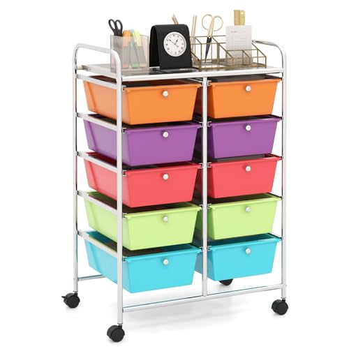 HAPPYGRILL 10-Drawer Rolling Storage Cart, Storage Organizer Cart with Lockable Wheels, Beauty Salon Movable Utility Cart for School, Office, Home, (Colorful) - color: Colorful, size: 10 Drawer