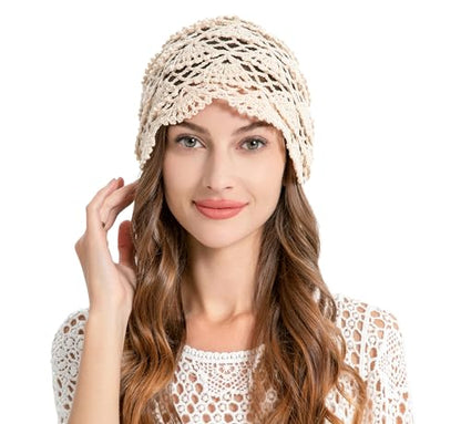 ZLYC Women Cotton Crochet Slouchy Beanie Hat Handmade Knit Summer Skull Cap | Lightweight breathable,boho casual chic look,travel photos festival party,café commute daily wear,beach concert gathering - color: Knitted Beige