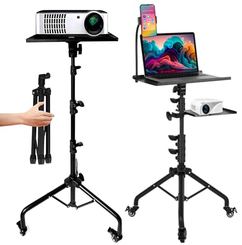Laptop & Projector Tripod Stand Adjustable Height 26 to 51” Wheely Portable Laptop Stand With Gooseneck Phone Holder - For Movie, Meeting, Book, DJ Equiqment
