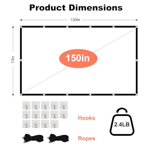 Projector Screen TOWOND 150 inch Projection Screen Indoor Outdoor Washable Anti-Crease 16:9 HD Rear Front Movies Screen for Home Theater Office | Anti-Crease16:9 HD Rear Front, Easy Install, for Home Theater, Office Education, Conference Presentation, Pub