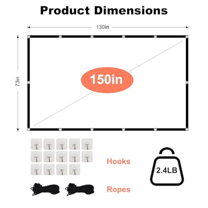 Projector Screen TOWOND 150 inch Projection Screen Indoor Outdoor Washable Anti-Crease 16:9 HD Rear Front Movies Screen for Home Theater Office | Anti-Crease16:9 HD Rear Front, Easy Install, for Home Theater, Office Education, Conference Presentation, Pub