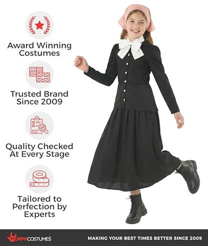 Morph, Harriet Tubman Costume Kids, Halloween Costumes for Kids | Long Black Prairie Dress with Peplum Waist, Detachable Bow Collar Included, Perfect for Halloween, Fun for Dressing Up - size: Small