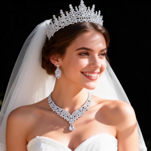 Tiaras Crowns for Women,Wedding Jewelry Set, Tiaras Necklace Earrings Crystal Bridal Wedding Jewelry Sets for Brides Bridesmaid Prom Costume Accessories - color: Silver