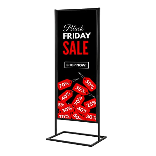 M&T Displays Metal Eco Info Board Black 18x60 Inches Slide-In Poster Sign Holder 1 Tier Double Sided Floor Standing Advertising Display with Backing and Anti-Glare PET Cover