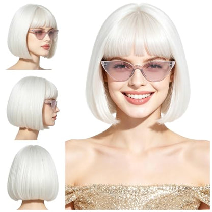 Short Bob Straight Hair Wigs with Bangs, Synthetic Fiber Colorful Hair, Cat Eye Glasses for Women (White) - color: White