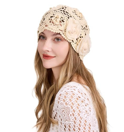 ZLYC Women Cotton Crochet Slouchy Beanie Hat Handmade Knit Summer Skull Cap | Lightweight breathable,boho casual chic look,travel photos festival party,café commute daily wear,beach concert gathering - color: Decorative Flowers Beige