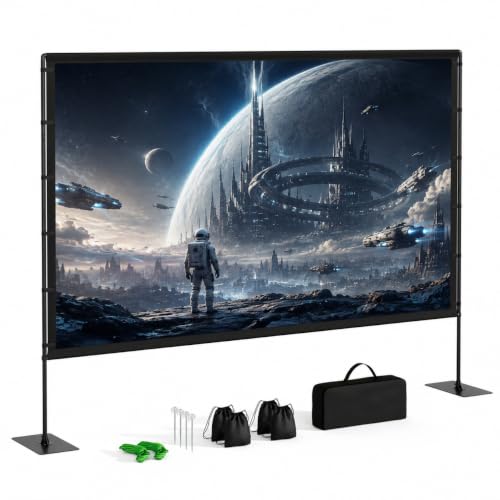 Projector Screen Outdoor with Stand, TWjouko 120 inch Portable Movie Screen with Carry Bag, Sandbag,16:9 Washable Cloth Screen for Backyard, Camping, Travel, Easy Setup, Big Projection Screen