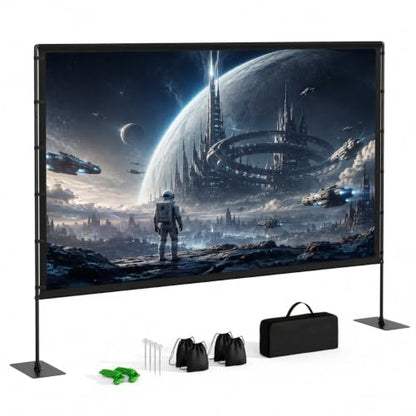 Projector Screen Outdoor with Stand, TWjouko 120 inch Portable Movie Screen with Carry Bag, Sandbag,16:9 Washable Cloth Screen for Backyard, Camping, Travel, Easy Setup, Big Projection Screen