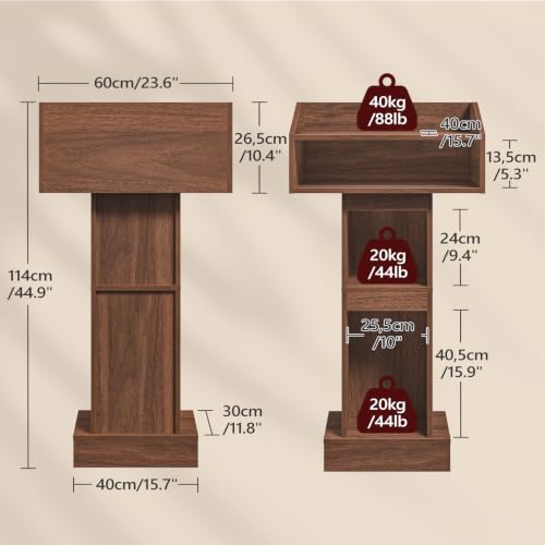 MAHANCRIS Podium Stand, Lectern with 4-Tier Storage, Pulpit with Reinforced Base for Church, Laptop Desk for Classroom, Office, Meeting Room, Easy Assembly, Walnut LPWA5801