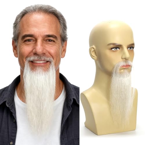 Hand-Tied Human Hair Fake Beard and Mustache for Costumes and Theater | Hand-knotted human hair on lightweight lace creates natural-looking facial hair for costumes, cosplay, theater and film - color: Style 5--white