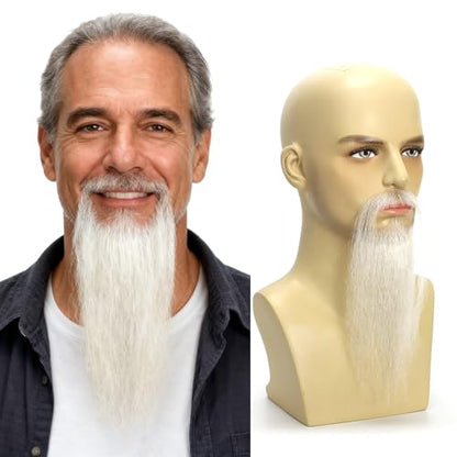 Hand-Tied Human Hair Fake Beard and Mustache for Costumes and Theater | Hand-knotted human hair on lightweight lace creates natural-looking facial hair for costumes, cosplay, theater and film - color: Style 5--white