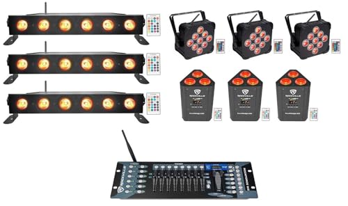 Rockville Best PAR 60 Bundle: (3) Rechargeable RGBWA UV Par Wash Lights, (3) RockWedge Battery DMX Fixtures, (3) Best Strip 60 Wash Bars, ROCKFORCE W2 Wireless DMX Controller, 10-Items