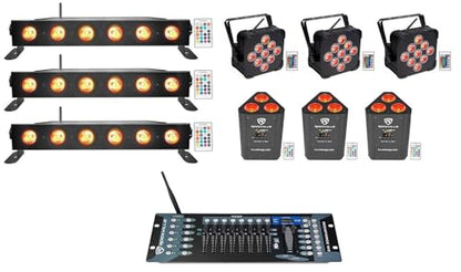 Rockville Best PAR 60 Bundle: (3) Rechargeable RGBWA UV Par Wash Lights, (3) RockWedge Battery DMX Fixtures, (3) Best Strip 60 Wash Bars, ROCKFORCE W2 Wireless DMX Controller, 10-Items
