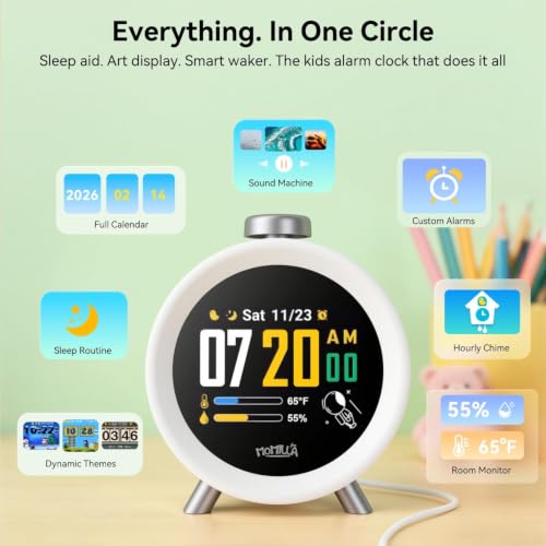 MOMILLA Alarm Clock for Heavy Sleepers Adults, Colorful Screen Temperature, Loud 7-Day Programmable 4 Alarms, Kids Alarm Clocks for Bedrooms Boys Girls, Easy to Set, Digital White Noise, Hourly Chime - style: Silver Button