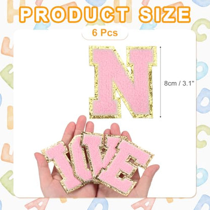 MECCANIXITY Chenille Letter Patches 3.1" Alphabet N Iron on Embroidered Patch Sew on Letter Stickers Applique for Repairing Clothing Jeans Shoes Hats DIY(Pink, Pack of 6) - style: Letter-N