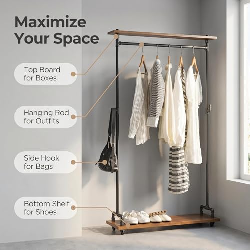 Industrial Pipe Clothing Rack, Wood Clothes Rack, Rolling Garment Rack | Iron Clothing Hanging Rod with Shelves, Wheels and Hangers, Heavy Duty, Steampunk, Retail, Bed Room, Entry, Laundry Room
