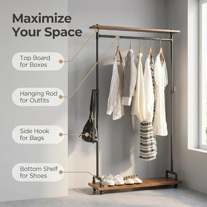Industrial Pipe Clothing Rack, Wood Clothes Rack, Rolling Garment Rack | Iron Clothing Hanging Rod with Shelves, Wheels and Hangers, Heavy Duty, Steampunk, Retail, Bed Room, Entry, Laundry Room